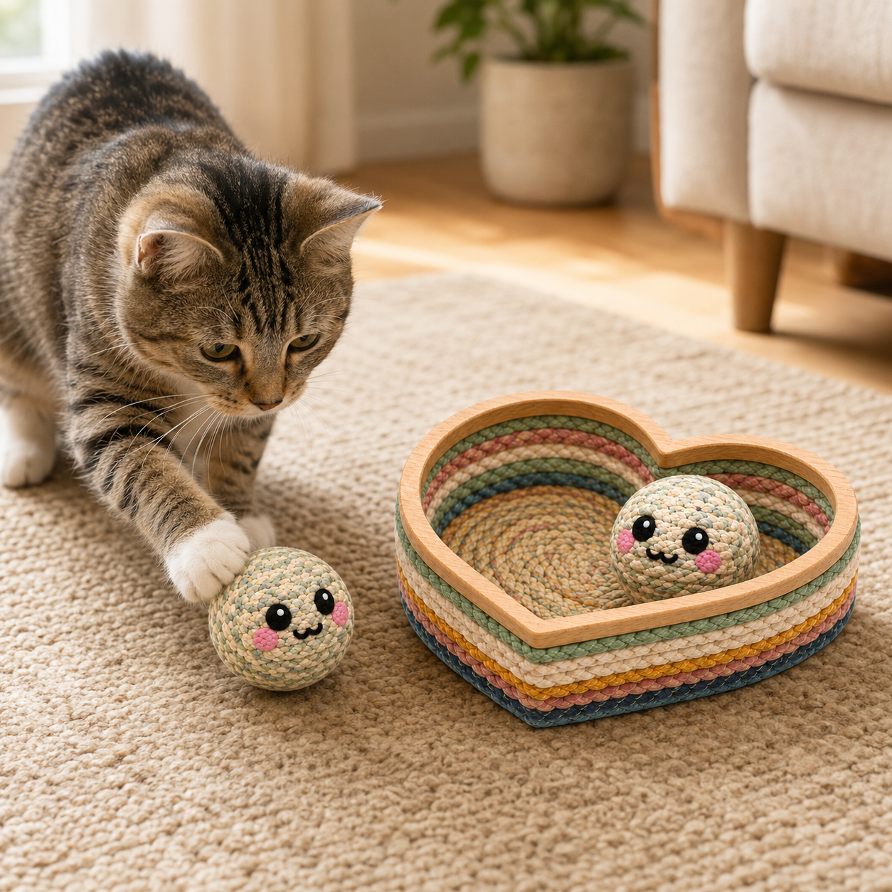 Heart-Shaped Cat Play Basket with Two Woven Balls – Multicoloured