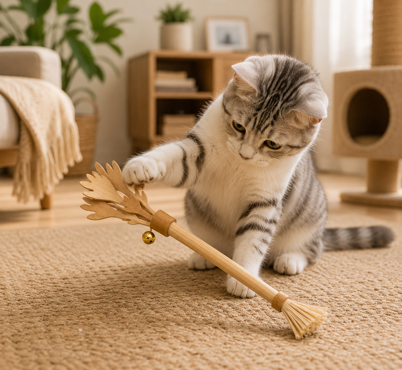 Natural-Colour Cat Teaser Wand with Bell and Multi-Strip Design