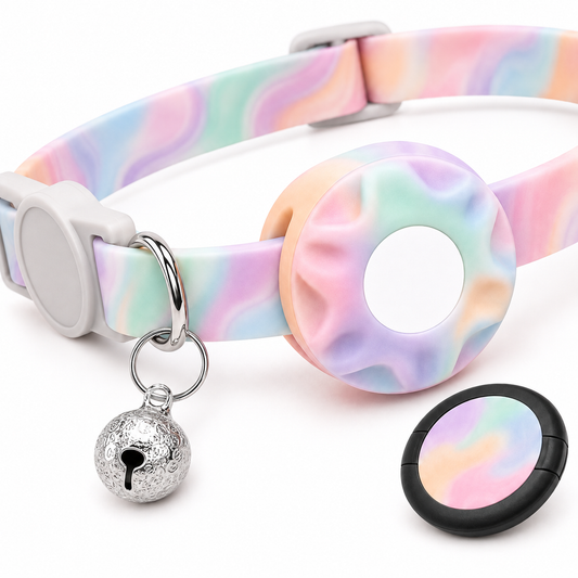 Pastel Marble-Pattern Dog Collar with Buckle, D-Rings, Bell and Circular Holder
