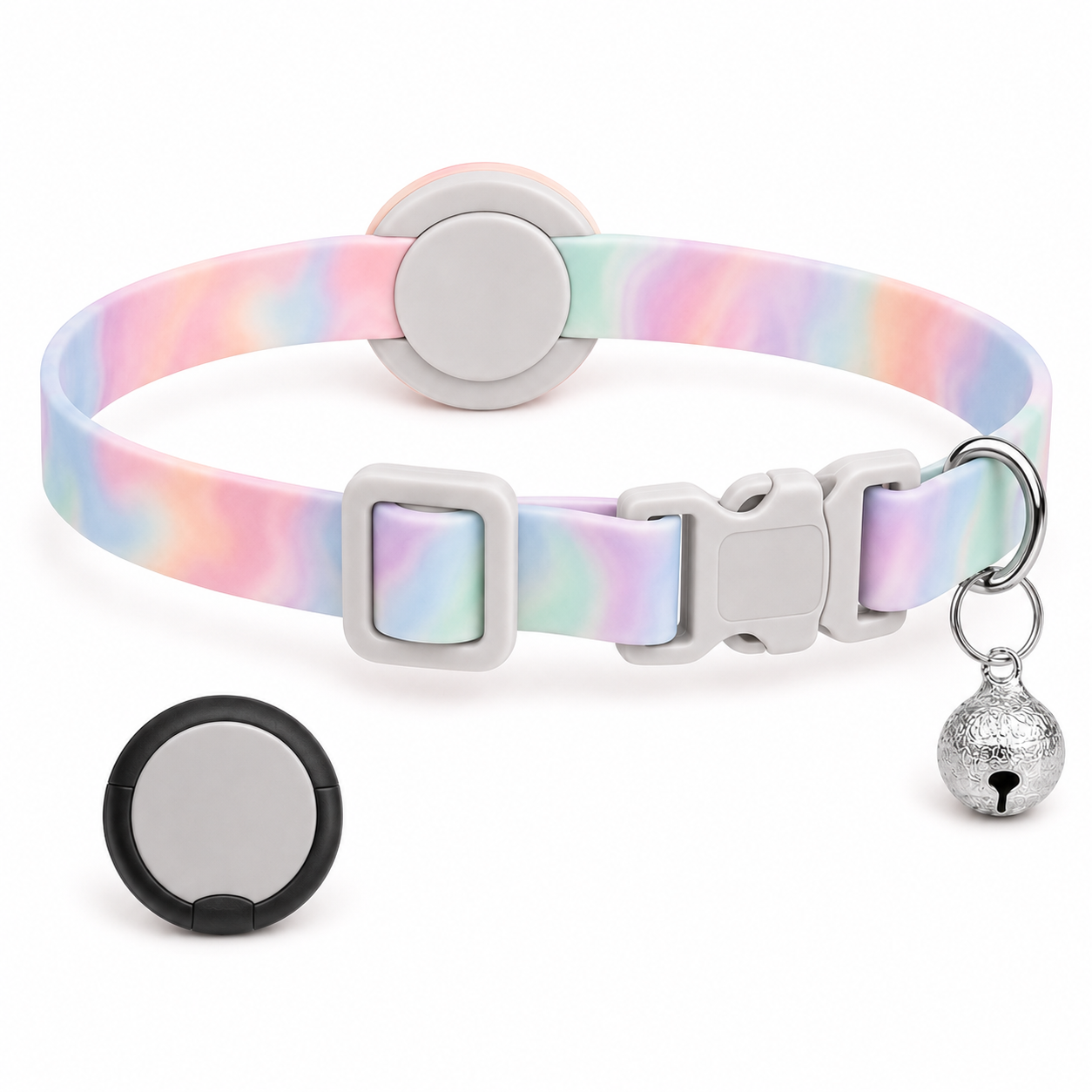 Pastel Marble-Pattern Dog Collar with Buckle, D-Rings, Bell and Circular Holder