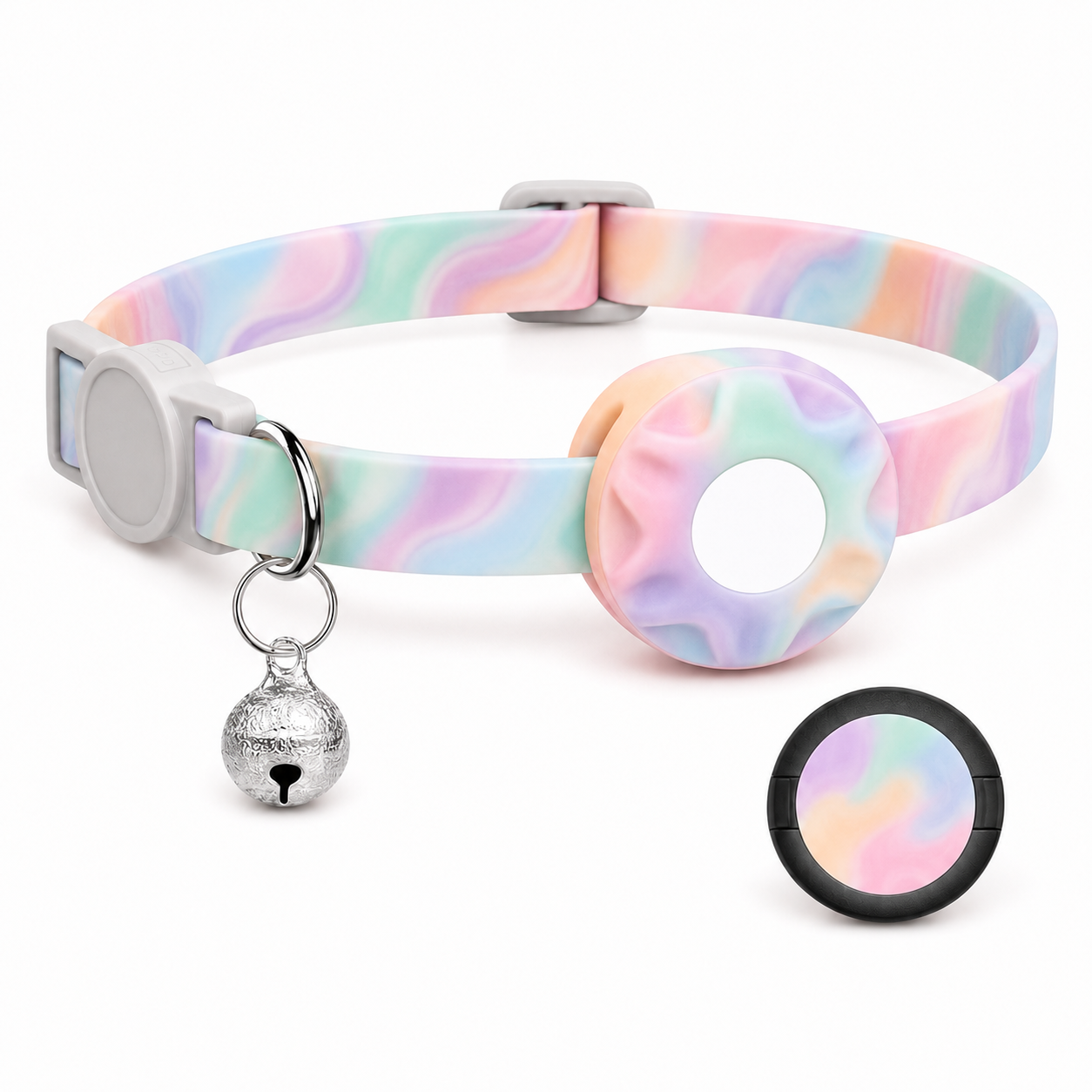 Pastel Marble-Pattern Dog Collar with Buckle, D-Rings, Bell and Circular Holder
