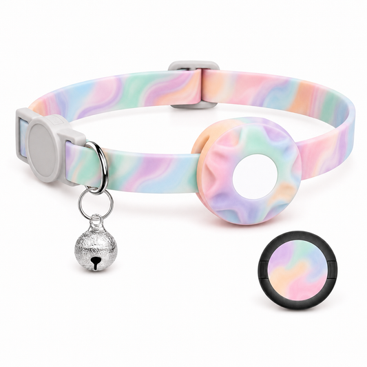 Pastel Marble-Pattern Dog Collar with Buckle, D-Rings, Bell and Circular Holder
