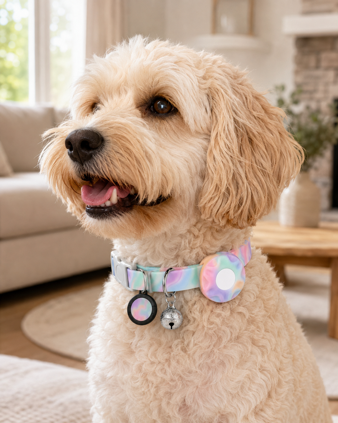 Pastel Marble-Pattern Dog Collar with Buckle, D-Rings, Bell and Circular Holder