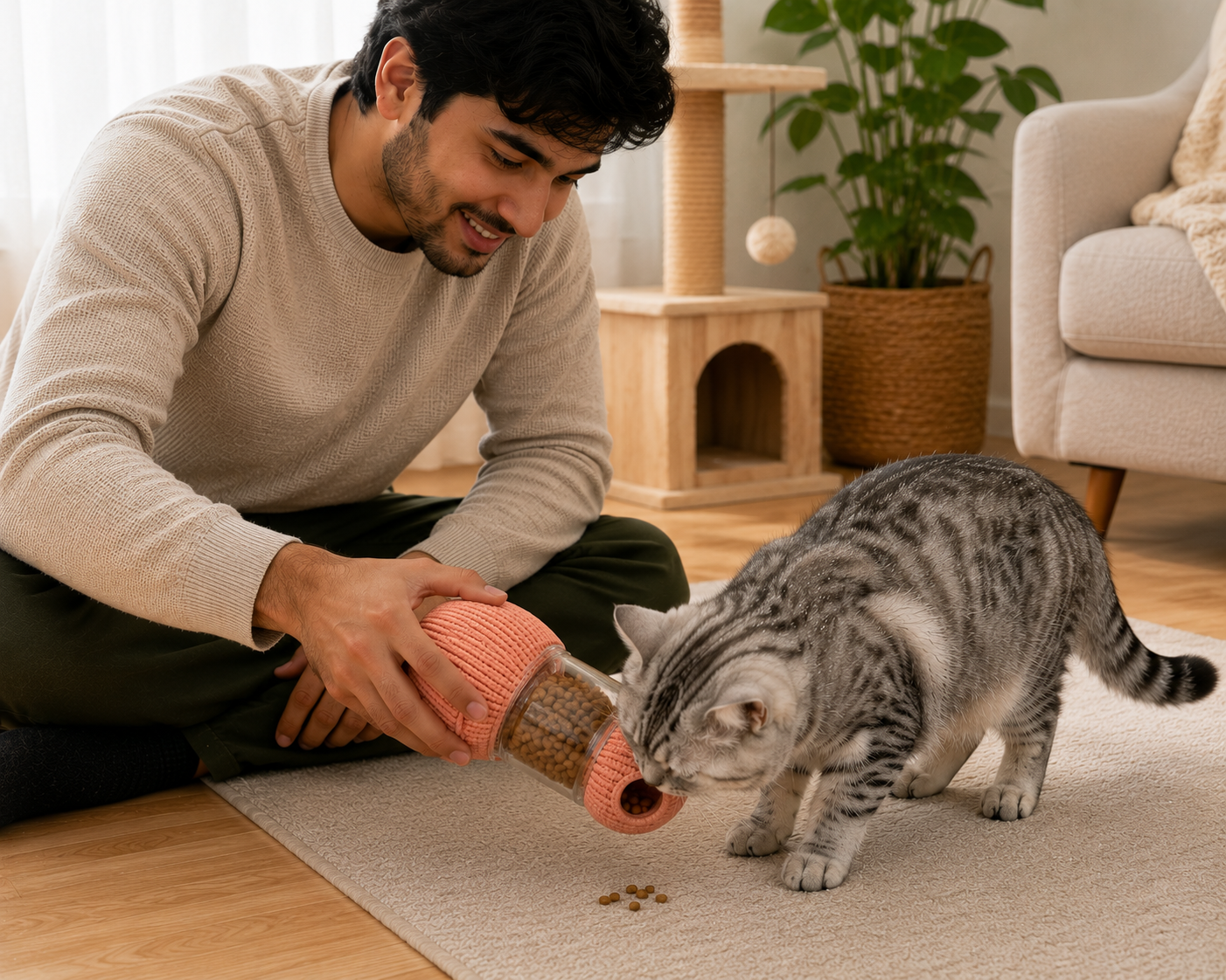 Pink Dumbbell-Shaped Cat Treat Dispenser and Rolling Toy