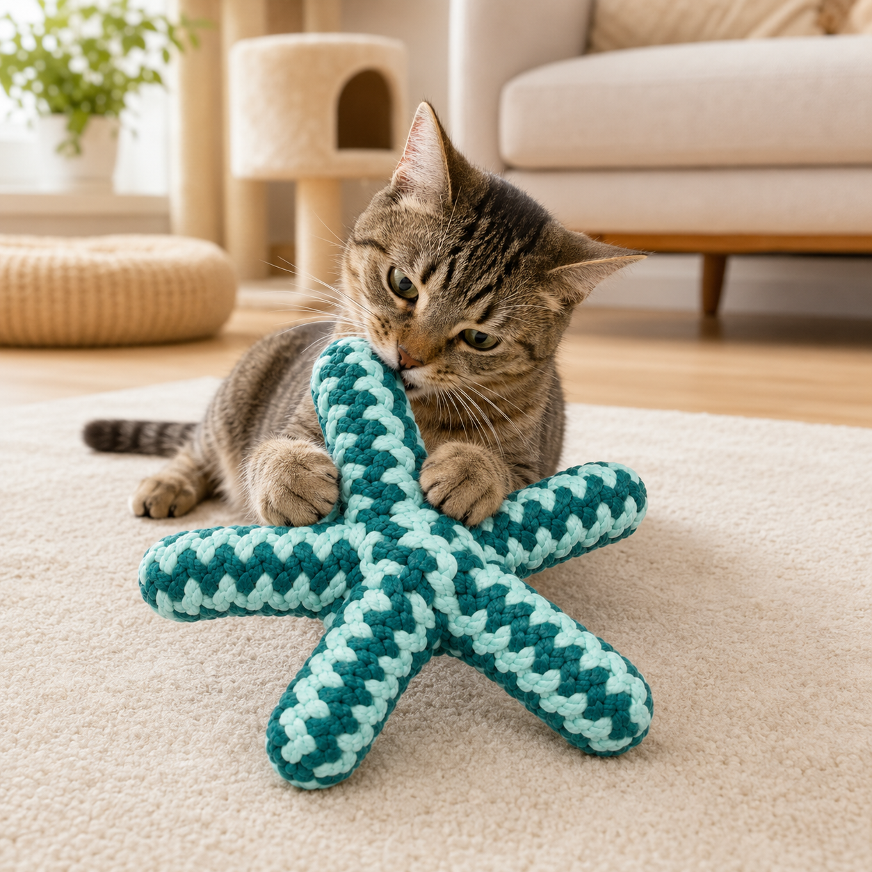 Teal and Mint Star-Shaped Woven Rope Cat Toy